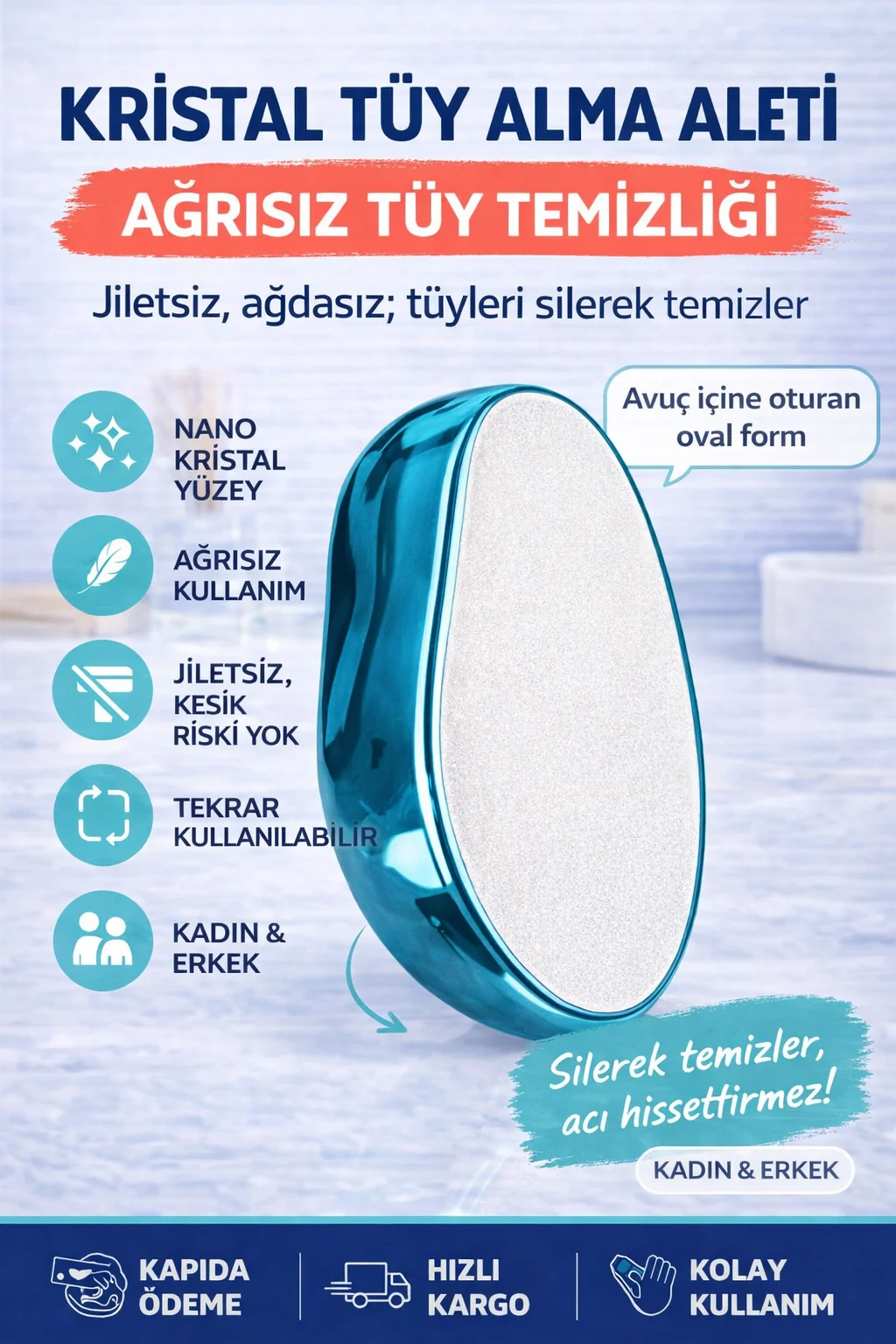 Kristal Tüy Alma Aleti — Ağrısız ve Jiletsiz Tüy Temizleme — Nano kristal yüzeyli tüy alma silgisi, bacak ve kolda ağrısız kullanım